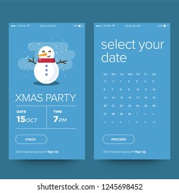 Xmas Party Book Dates UX and UI App Phone Screen with Snowman Illustration