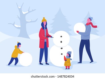 Xmas Party Card or Invitation Poster. Family of mom, dad, children building snowman, People characters  celebrating Merry Christmas and Happy New Year night, Winter Season Holiday. Vector illustration