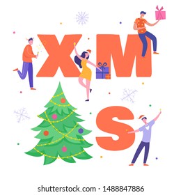 Xmas Party Card or Invitation Poster. People characters dancing, celebrating Merry Christmas and Happy New Year night. Vector illustration