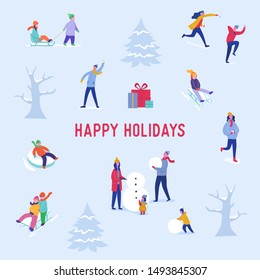 Xmas Party Card or Invitation Poster. People characters on sledges, making snowman, playing in snow, celebrating Merry Christmas and Happy New Year night. Vector illustration