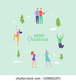 Xmas Party Card or Invitation Poster. People characters, friends and family, celebrating Merry Christmas and Happy New Year night. Vector illustration