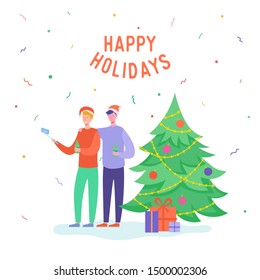 Xmas Party Card or Invitation Poster. People characters dancing, women and men celebrating Merry Christmas and Happy New Year night. Vector illustration