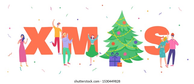 Xmas Party Card or Invitation Poster. People characters dancing, family and friends celebrating Merry Christmas and Happy New Year night. Vector illustration