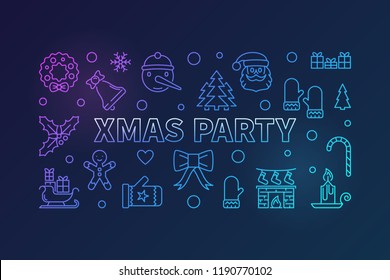 Xmas party colorful vector horizontal banner made with christmas outline icons on dark background