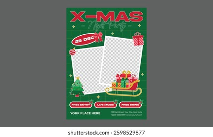 X-Mas Party Flyer. Vector illustration with abstract Christmas tree for flyer template, greeting card, poster, banner or social media. Happy New Year and Merry Christmas.