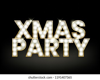 Xmas party glowing letters with light bulbs and a gold outline