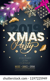 Xmas party glowing letters with light bulbs and a gold outline. Night party poster, greeting card, template for your design projects