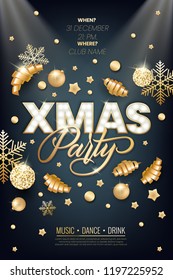 Xmas party glowing letters with light bulbs and a gold outline. Night party poster, greeting card, template for your design projects