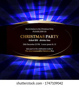 Xmas party glowing letters with light bulbs and a gold outline. Night party poster, greeting card, template for your design projects. Vector illustration