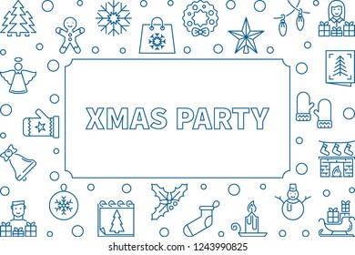 Xmas Party horizontal vector frame or background made with blue outline christmas icons