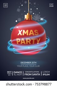 Xmas Party Invitation Flyer. Realistic red christmas ball with falling snowflakes and glittering blue magic waves. New Year's holiday vector illustration. Applicable for web banner, poster, card.