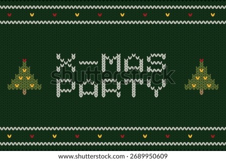X-Mas Party Knitted Green Pattern. Festive knitted pattern with “X-Mas Party” text and Christmas tree icons, warm handmade winter texture.