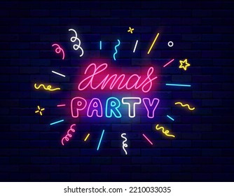 Xmas party neon signboard with confetti. Night club event. Glowing label. Christmas greeting card. Winter holiday celebration. Happy new year design. Shiny banner. Vector stock illustration