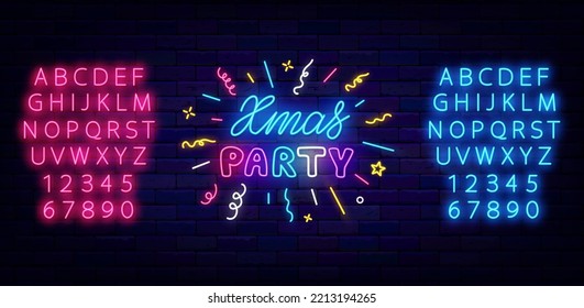 Xmas party neon signboard with firework. Shiny pink and blue alphabet. Night club event. Glowing label. Christmas greeting card. Winter celebration. Happy new year design. Vector stock illustration