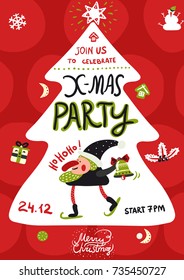 Xmas party poster with santa on ski, white year tree, festive decorations on red background vector illustration