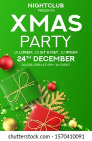 Xmas party poster template. Holiday background with realistic red and green gift boxes, garland, Christmas balls, golden confetti and snowflake. Vector illustration. Invitation to noghtclub.