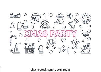 Xmas party vector horizontal banner made with christmas outline icons on white background