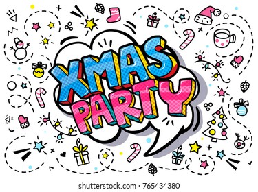 Xmas Party in word bubble. Message in pop art comic style.