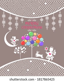 Xmas pastel greeting card with white paper cutting hanging girl angel and lacy decoration, Christmas tree with colorful balls, boy angel and funny little hare