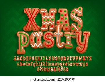 Xmas Pastry alphabet font. Colorful cartoon letters and numbers. Uppercase and lowercase. Christmas holiday vector illustration for your typography design.