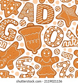 Xmas pattern. Decorative alphabet from cookies and gingerbread letters garish vector celebration seamless background