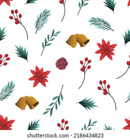 Xmas pattern pines elements floral bells decor. Vector Illustration.