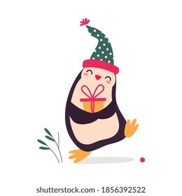 Xmas Penguin Cartoon Character with Present Box, Merry Christmas and Happy New Year Vector Illustration