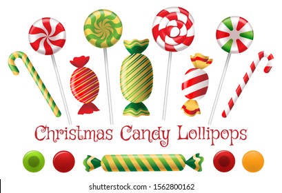 Xmas peppermint candy set. Traditional holiday candies collection, christmas mint lollipop dessert icons in white, red and green colors