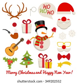 Xmas photo booth and scrapbooking vector set with Santa Claus snowman deer etc on white background