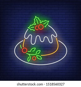 Xmas pie neon sign. Dessert, mistletoe, bakery. Vector illustration in neon style for topics like Christmas, sweet, traditional dinner