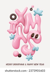 Xmas pink poster and banner. Xmas text lettering in cartoon 3d plastic style. Vector illustration