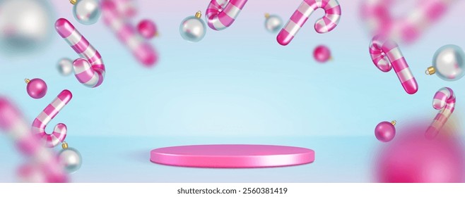 Xmas podium scene with floating pink candy canes and white baubles. Festive platform display on blue backdrop. Sweet holiday composition with striped confectionery and shiny Christmas tree balls.