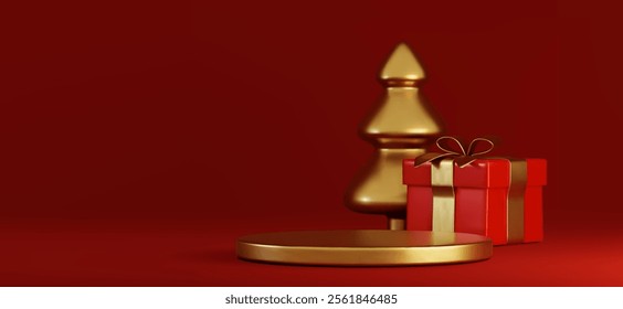 Escena de podio de Navidad con plataforma dorada metálica, cajas de regalo carmesí y escultura decorativa de árbol de oro. Elegante composición de exhibición de vacaciones sobre fondo rojo profundo para una presentación estacional premium.