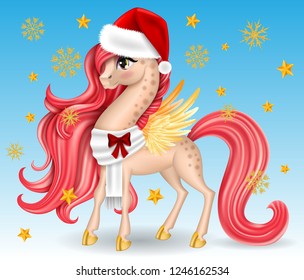 Xmas Pony with White Scarf. Big Eyes, Long Hair (Mane, Tail), Golden Wings, Hooves, Stars, Snowflakes, Merry Christmas and Happy New Year, Cartoon Character Hand Drawn Realistic Vector 3D Illustration