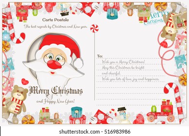 Xmas Postcard With Christmas And New Years Greeting. Backdrop Of Postal Card With Postage Stamps For Winter Holiday. Santa Claus. Vector Illustration.