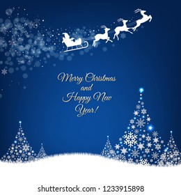 Xmas Postcard Fir Tree Border And Santa Claus With Gradient Mesh, Vector Illustration