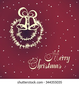 Xmas postcard with hand drawn wreath and congratulation. Vector illustration.