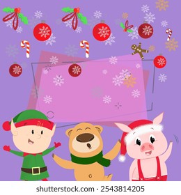 Xmas poster design with cartoon trio. Illustration of bear, elf and piglet on background with candy canes, mistletoe and snowflakes. Can be used for postcards, greeting cards, leaflets