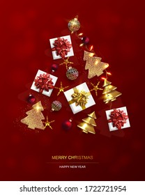 Xmas Poster, greeting card. New Year  Background with Christmas tree. Abstract Gold Christmas Trees.