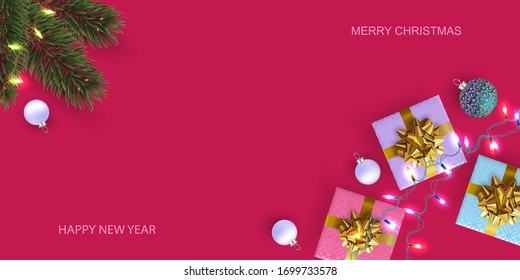 Xmas Poster, greeting cards, banner. New Year Background. Flat top view of gift boxes and pine branch.