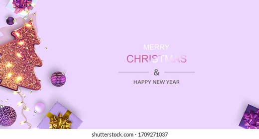 Xmas Poster, greeting cards, banner. New Year horizontal Background. Flat top view of gift boxes and Luminous garlands.