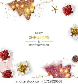 Xmas Poster, greeting cards, banner. New Year horizontal Background with Sparkling Christmas tree and Abstract Gold Christmas Trees. Top view.
