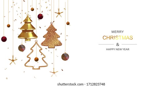 Xmas Poster, greeting cards, banner. New Year horizontal Background with Sparkling Christmas tree and Abstract Gold Christmas Trees.