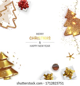 Xmas Poster, greeting cards, banner. New Year horizontal Background with Sparkling Christmas tree and Abstract Gold Christmas Trees.