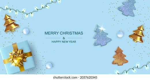 Xmas Poster, greeting cards, banner. New Year horizontal Background. Flat top view of gift boxes and Christmas decoration.