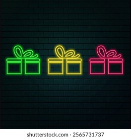 Xmas presents neon sign. Pile of gift boxes, carton wrap, ribbon, bow, mistletoe. Vector illustration in neon style for topics like Christmas, holiday, shopping.