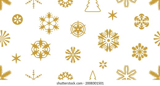 Xmas print with geometric snowflakes. Seamless vector pattern with geometric motifs. Template for gifts, cards, flyers. Golden on white.