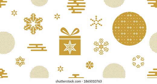 Xmas print with gift boxes, ornate circles and other decorations. Seamless vector pattern with geometric motifs. Template for gifts, cards, flyers. Golden on white.