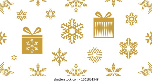 Xmas print with gift boxes, snowflakes and other decorations. Seamless vector pattern with geometric motifs.Template for gifts, cards, flyers. Golden on white.