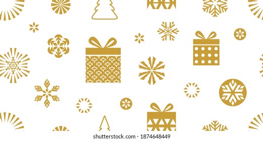 Xmas print with present boxes, firs and other decorations. Seamless vector pattern with geometric motifs.Template for gifts, cards, flyers. Golden on white.